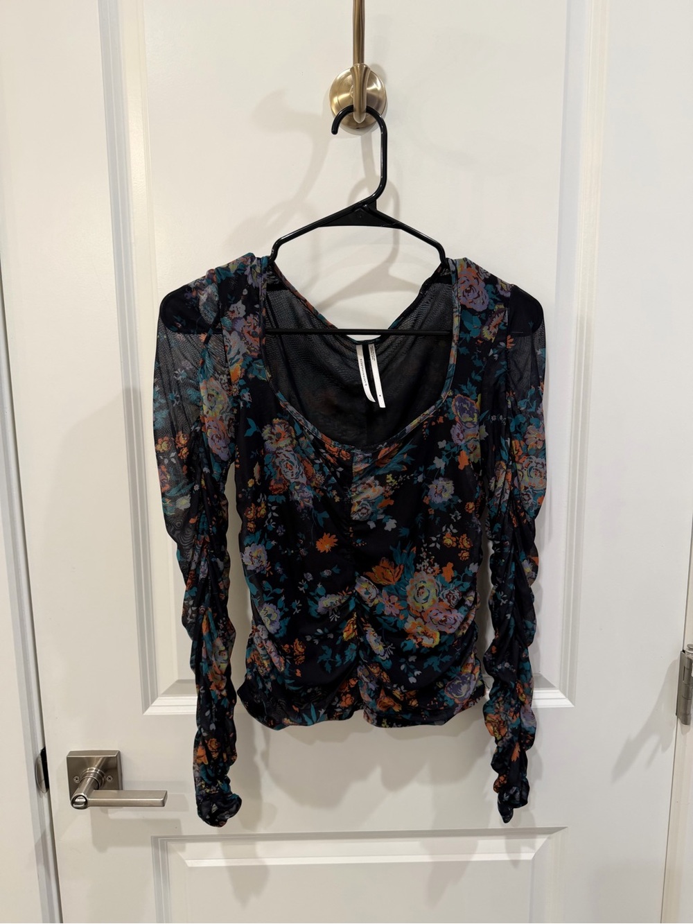 Anthropologie Black Floral Sheer Ruched Long-Sleeve Top